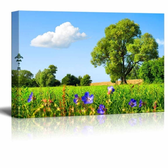 Idyllic Scenery Landscape with Fresh Green Meadow Trees Spring Flowers Blue Sky and White Clouds - Canvas Art Wall Art - 12" x 18"