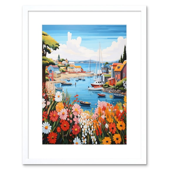 Idyllic Scenic Seaside Fishing Village Bright Oil Painting Orange Pink Blue Bathroom Floral Artwork Harbor Bay Boats Coastal Landscape Artwork Framed Wall Art Print 9X7 Inch