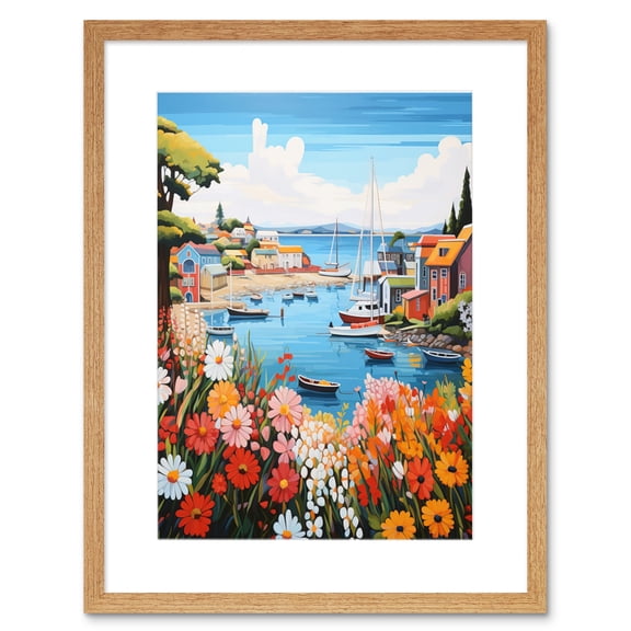 Idyllic Scenic Seaside Fishing Village Bright Oil Painting Orange Pink Blue Bathroom Floral Artwork Harbor Bay Boats Coastal Landscape Artwork Framed Wall Art Print 9X7 Inch