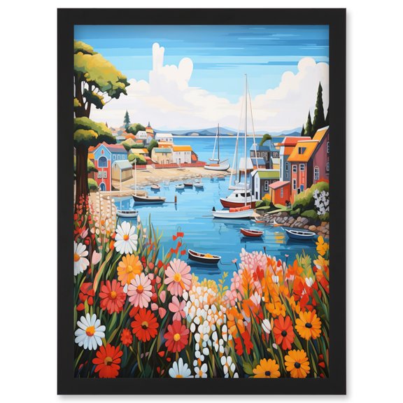 Idyllic Scenic Seaside Fishing Village Bright Oil Painting Orange Pink Blue Bathroom Floral Artwork Harbor Bay Boats Coastal Landscape Artwork Framed Wall Art Print A4
