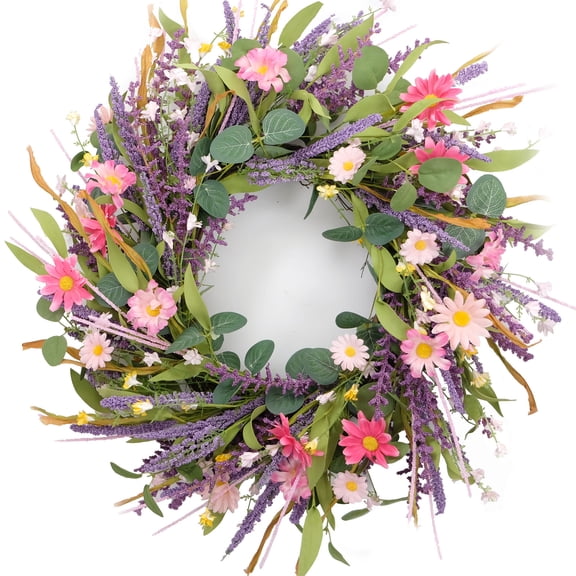 Idyllic 22 inch Spring Summer Wreath, Pink Daisy & Lavender Floral Decor with Forsythia Accents