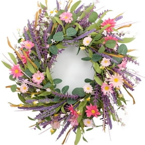 Idyllic 22" Spring Summer Wreaths for Front Door, Pink Daisy Lavender with Forsythia