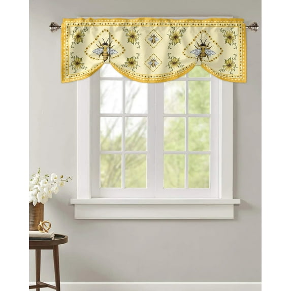 Idyllic Sunflower Bee Window Curtain Kitchen Cabinet Coffee Tie-Up Valance Curtain Rod Pocket Short Curtain