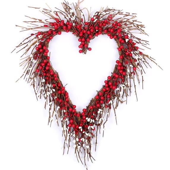 Idyllic Valetines Day Heart Wreath Handmade Red Berry Heart Shaped Wreath Rustic Twig for Door Decorative Classic Indoor Decor 18 Inches Valentine's Wreath