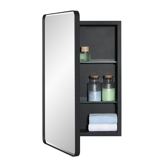 Idyllor Black Bathroom Mirror Medicine Cabinet with Round Corner Framed Door and Beveled Edge mirror 15 x 25 inch, Recessed or Surface Mount, with Adjustable Glass shelves