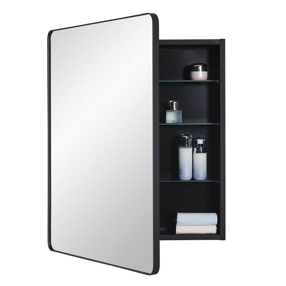 Idyllor Black Bathroom Mirror Medicine Cabinet with Round Corner Framed Door 24 x 30 inch, Recessed or Surface Mount, with Adjustable Glass shelves