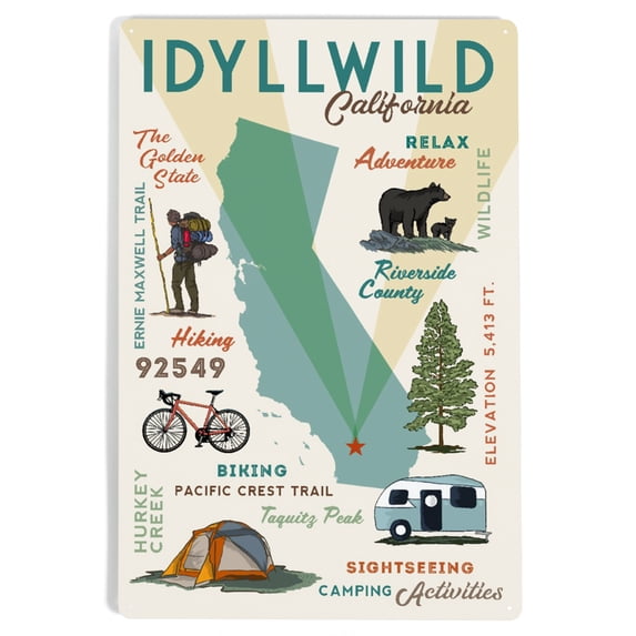 Idyllwild, California, Typography and Icons (12x18 Aluminum Art, Indoor Outdoor Metal Sign Decor)