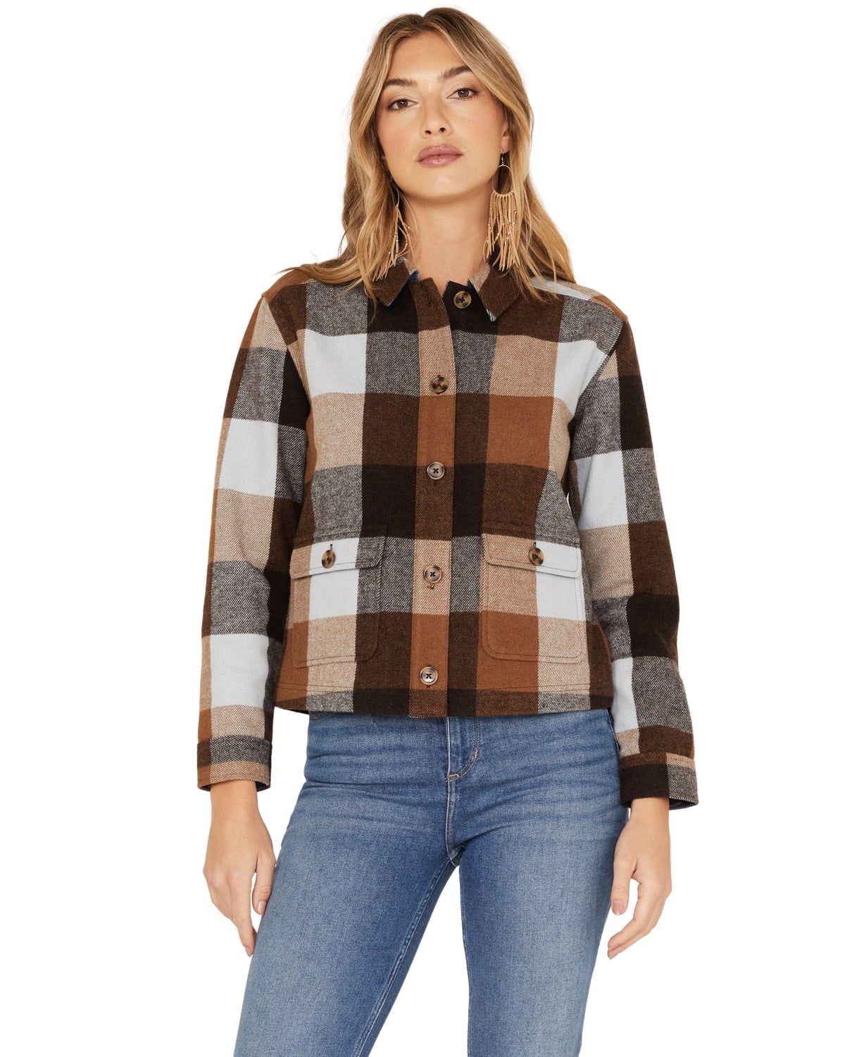 Idyllwind Women's Plaid Print Pocket Days Shacket Light Blue X-Small US ...