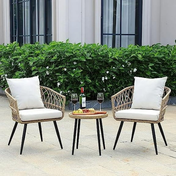 Idzo Pierre Wicker Patio Table And Chairs Set of 2 with Premium Olefin Fabric Soft Cushions