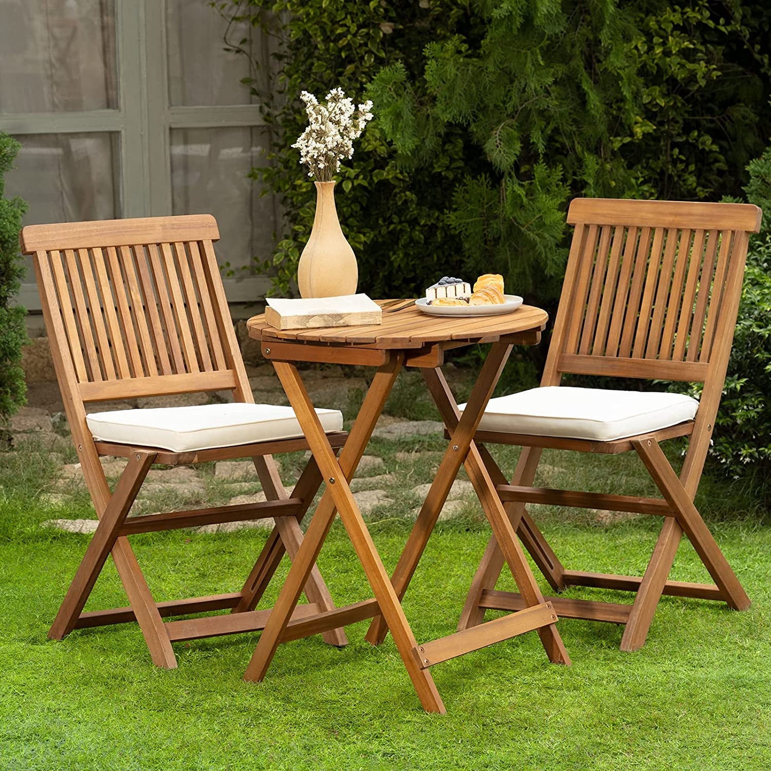 Idzo Premium Acacia Wood Patio Bistro Set Folding Chairs with Thick