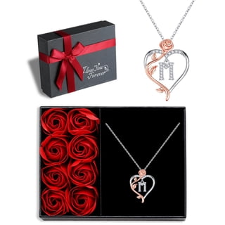 Iefil Anniversary Jewelry Gifts for Her, 925 Sterling Silver Unique Rose Heart Initial M Letter Pendant Necklace Birthday Gifts Mothers Day Gifts for Mom Wife Girlfriend