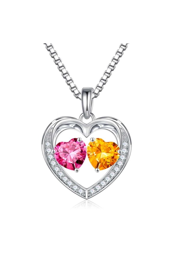 Iefil Birthday Gifts for Women - 925 Sterling Silver Necklace, Personalized Jewelry Gifts for Wife Girlfriend Mom| October Tourmaline Pink & Citrine Yellow Necklace