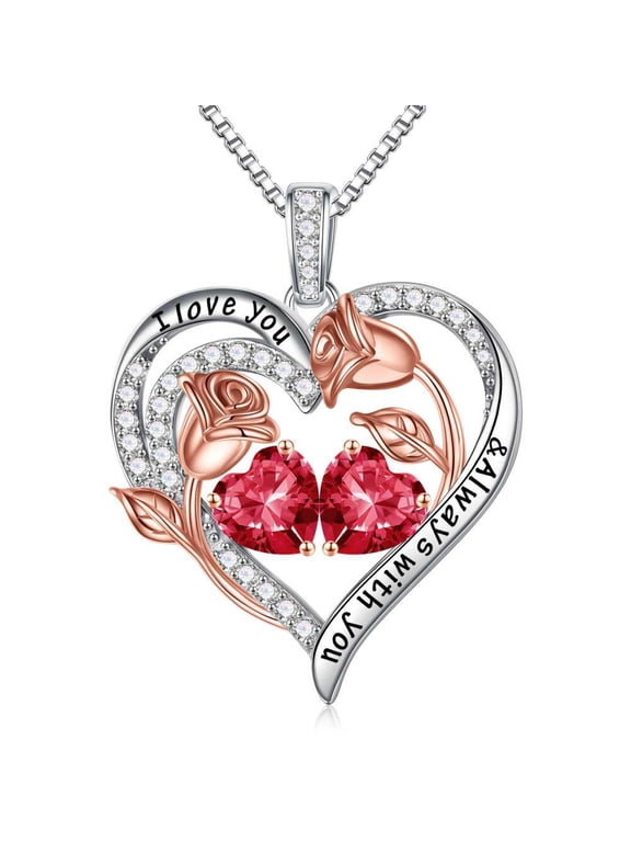 Iefil S925 Sterling Silver Double Heart July Birthstone Necklace for Women, Birthday Anniversary Gifts for Women Wife, Dainty Rose Jewelry, 19+3In