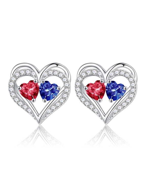 Iefil Anniversary Gifts for Wife Women, Christmas Gift for Women Wife Mom, S925 Sterling Silver Heart July December Birthstone Stud Earrings