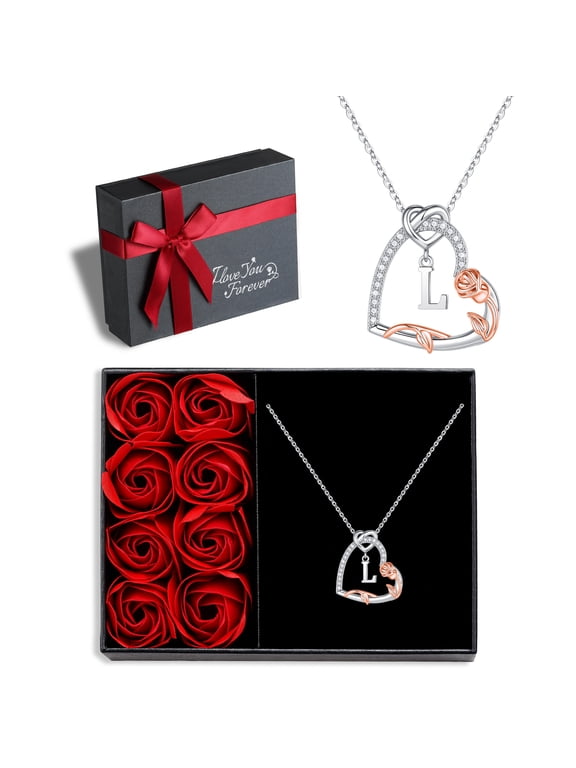 Iefil S925 Sterling Silver Initial Heart Necklace for Women, Dianty Rose Jewelry for Her, Birthday Anniversary Gifts for Women, 18+2.5In, L
