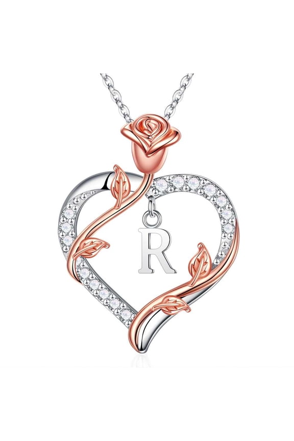 Iefil Dainty Necklace for Women, Dainty Rose Love Heart Initial R Letter Pendant Necklace Jewelry Gifts for Her Wife Girlfriend Mom Anniversary Birthday Gifts