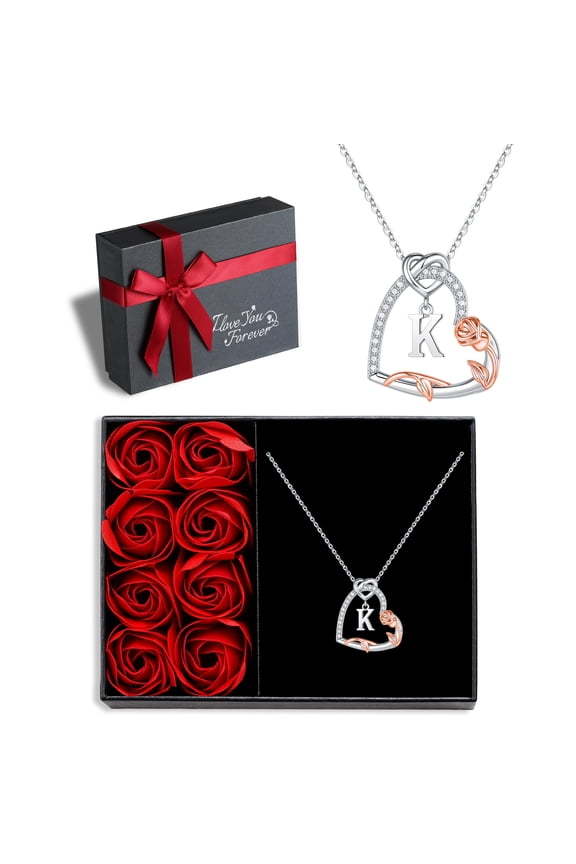 Iefil Forever Love Gifts for Her, 925 Sterling Silver Rose Heart Initial K Letter Pendant Necklace for Women Anniversary Jewelry Gifts for Her Friends Female