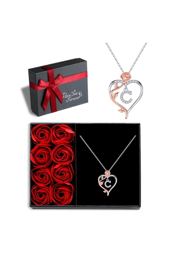 Iefil Forever Love Gifts for Her with Rose Box, 925 Sterling Silver Rose Heart Initial C Letter Pendant Necklace for Women Anniversary Jewelry Gifts for Her Girlfriend Wife