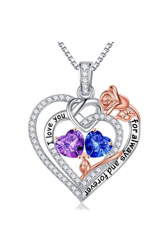 Iefil Gifts for Wife - Anniversary Ideas Gifts for Women Wife Her, Rose Heart Birthstone Necklace | Amethyst Purple Sapphire Blue Necklace, February September Birthstone