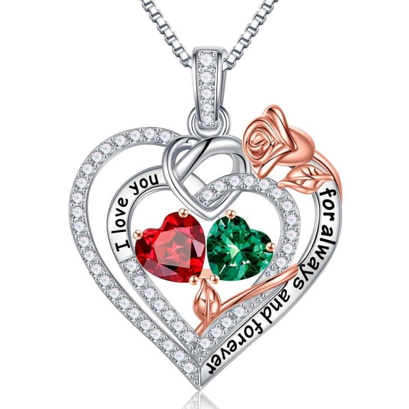 Iefil Gifts for Wife Mom - Rose Heart Birthstone Necklace, Garnet Red Emerald Green Necklace, January May Birthstone, Anniversary Birthday Gifts for Women