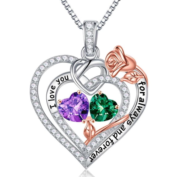 Iefil Gifts for Wife - Anniversary Ideas Gifts for Women Wife Her, Rose Heart Birthstone Necklace | February May Birthstone Necklace