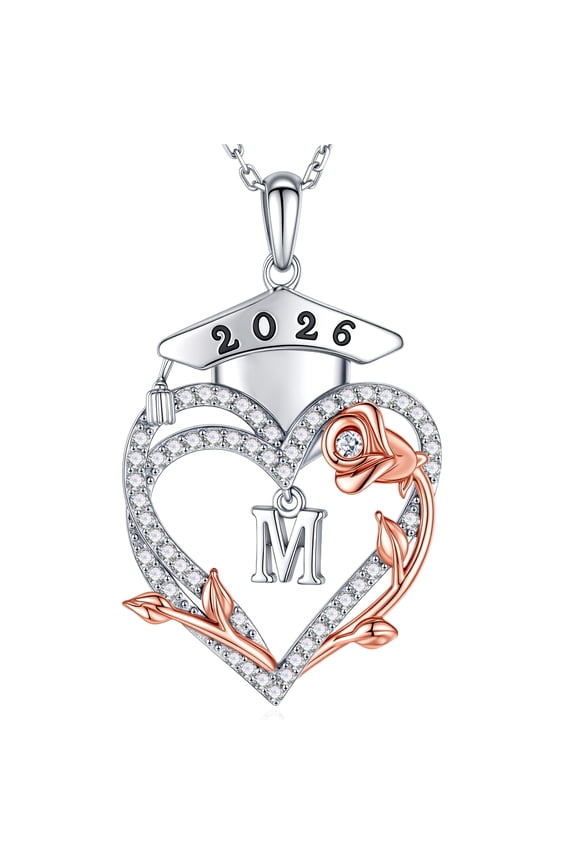 Iefil Graduation Gift for Her 2026 College, 925 Sterling Silver Heart Romantic Rose Cz Initial M Necklace for Women, Personalized Inspirational Graduation High School Graduate Gift Friend Daughter