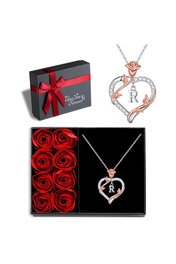 Iefil I Love You Gifts for Her with Rose Box, 925 Sterling Silver Rose Heart Initial R Letter Pendant Necklace for Women Anniversary Jewelry Gifts for Her Girlfriend Wife