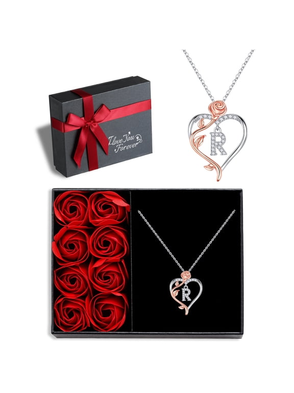 Iefil Anniversary Gifts for Wife, S925 Sterling Silver Initial Heart Necklace for Women, Dianty Rose Jewelry, Birthday Gifts for Mom, 19+2In, R
