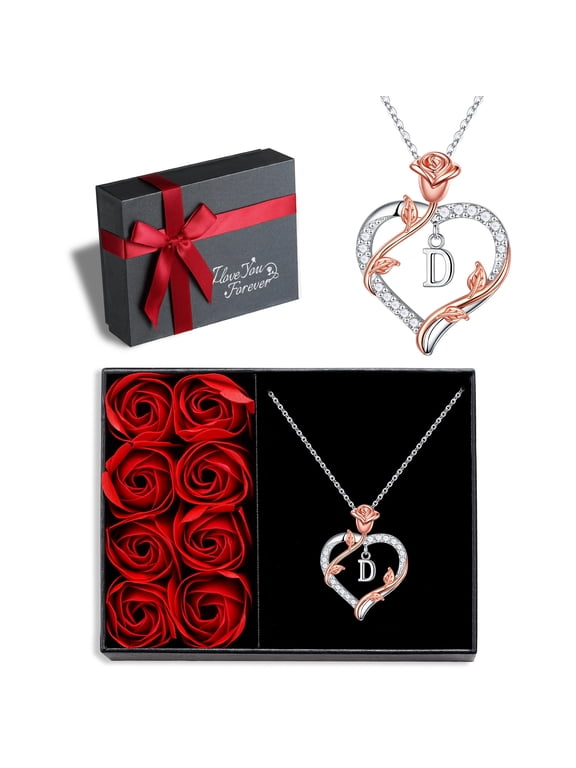 Iefil Anniversary Gifts for Women Wife, S925 Sterling Silver Initial Heart Necklace for Women, Birthday Gift, Dainty Rose Jewelry, 19+2In, D
