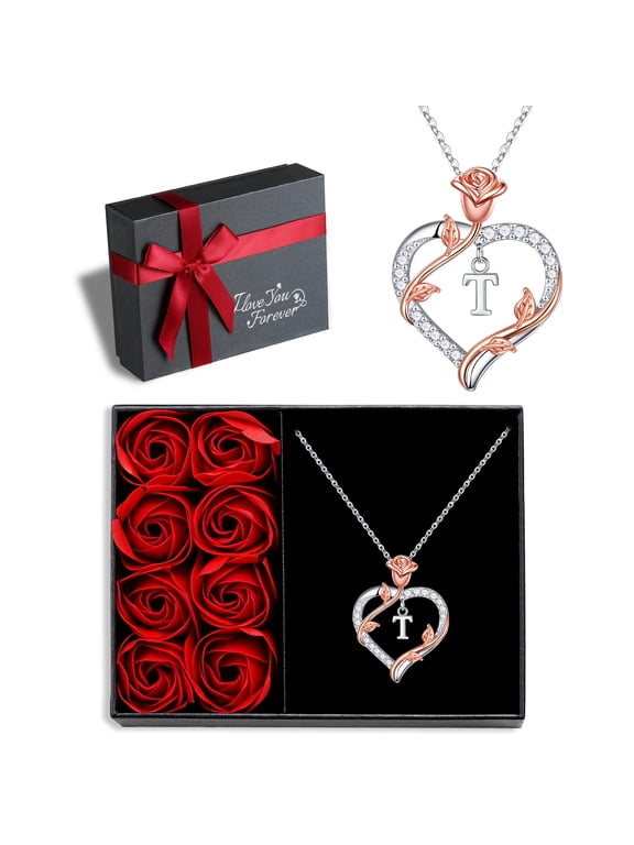 Iefil Anniversary Gifts for Wife, S925 Sterling Silver Initial Heart Necklace for Women, Dianty Rose Jewelry, Birthday Gifts for Mom, 19+2In, T