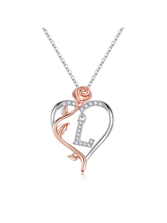 Iefil S925 Sterling Silver Initial Heart Necklace for Women, Dianty Rose Jewelry for Her, Birthday Anniversary Gifts for Women, 19+2In, L