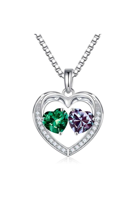 Iefil Personalized Gifts for Women - Double Heart Birthstone Necklace, Anniversary Birthday Gifts for Wife Mom Daughter| May Emerald Green & June Alexandrite Light Purple Jewelry