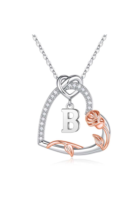 Iefil Rose Heart Necklace Gifts for Women, 925 Sterling Silver Initial B Letter Heart Pendant Necklace, Anniversary Jewelry Gift for Women, Birthday Gifts for Wife