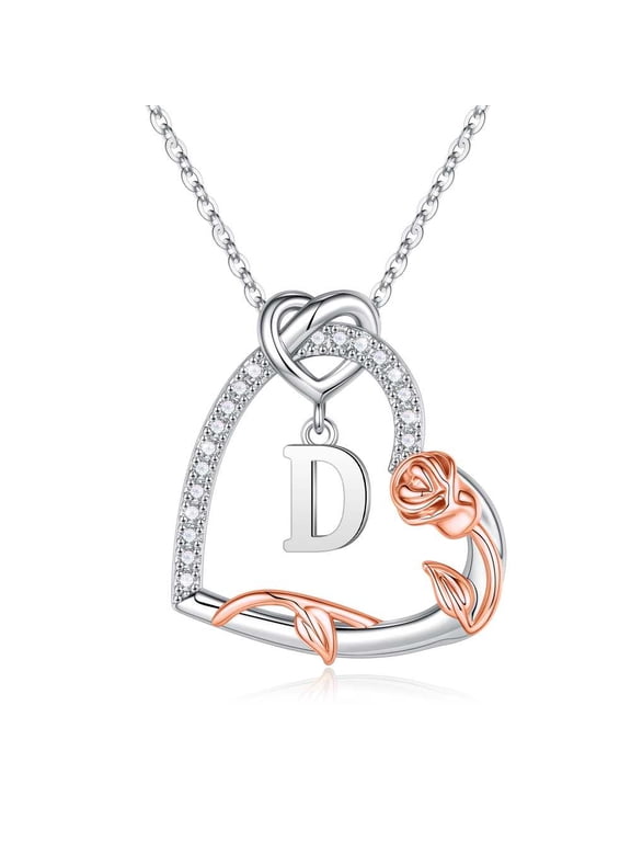 Iefil Anniversary Gifts for Wife, S925 Sterling Silver Initial Heart Necklace for Women, Dianty Rose Jewelry, Birthday Gifts for Women, 18+2.5In, D
