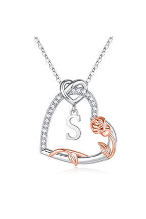 Iefil Rose Heart Necklace - Romantic Gifts for Her: Initial S Letter Heart Pendant, Anniversary or Birthday Gift