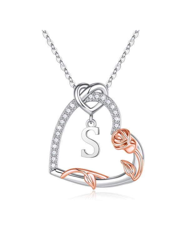 Iefil S925 Sterling Silver Initial Heart Necklace for Women, Dianty Rose Jewelry for Her, Birthday Anniversary Gifts for Women, 18+2.5In, S