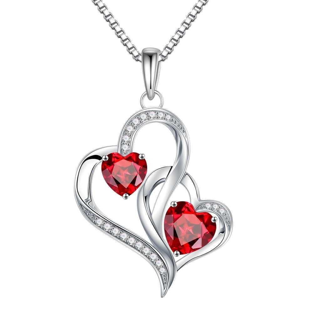 Iefil S925 Sterling Silver Double Heart January Birthstone Necklace for Women, Birthday Anniversary Gifts for Women Wife, Dainty Jewelry, 19+3In