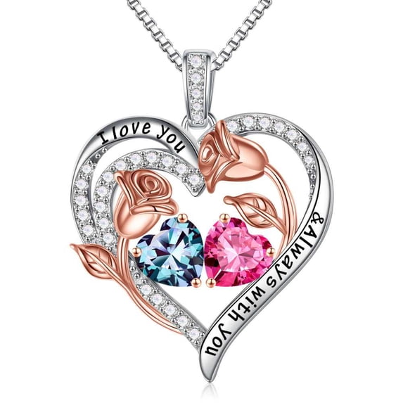 Iefil S925 Sterling Silver Heart June October Birthstone Necklace for Women, Birthday Anniversary Gifts for Women Wife, Dainty Rose Jewelry, 19+3In