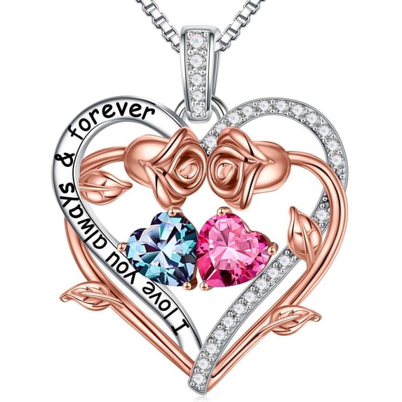 Iefil S925 Sterling Silver Heart June October Birthstone Necklace for Women, Birthday Anniversary Gifts for Women Wife, Dainty Rose Jewelry, 19+3In