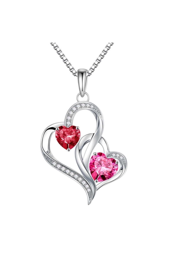 Iefil Sterling Silver Necklace for Women - Anniversary Birthday Gifts for Women, Ruby Red & Tourmaline Pink Necklace, July & October Birthstone Necklace, Jewelry Gifts for Her Wife Mom Sister