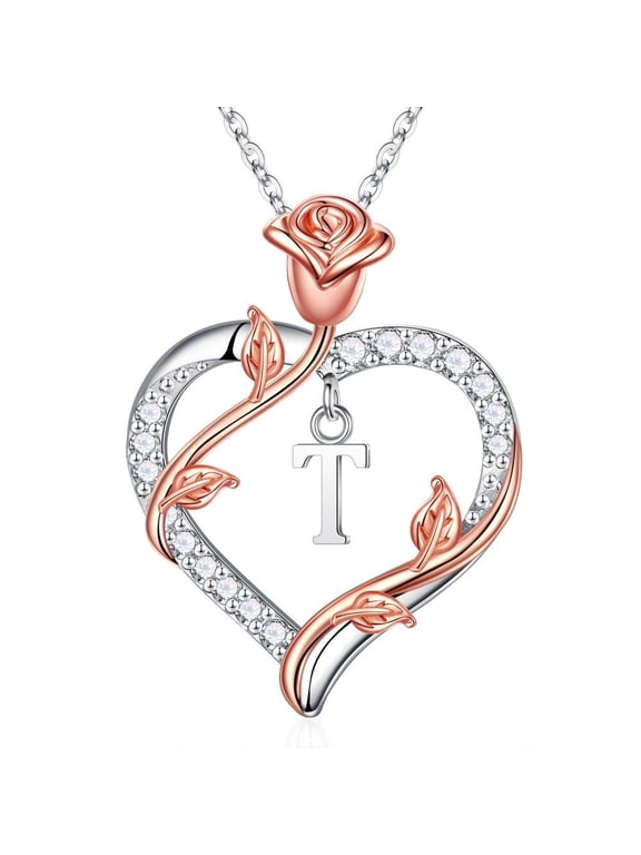 Iefil Anniversary Gifts for Wife, S925 Sterling Silver Initial Heart Necklace for Women, Dianty Rose Jewelry, Birthday Gifts for Mom, 19+2In, T