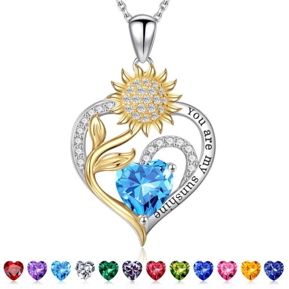Iefil Sunflower S925 Sterling Silver Heart March Birthstone Necklace for Women, Birthday Anniversary Gifts for Women Wife, Dainty Jewelry, 19+3In