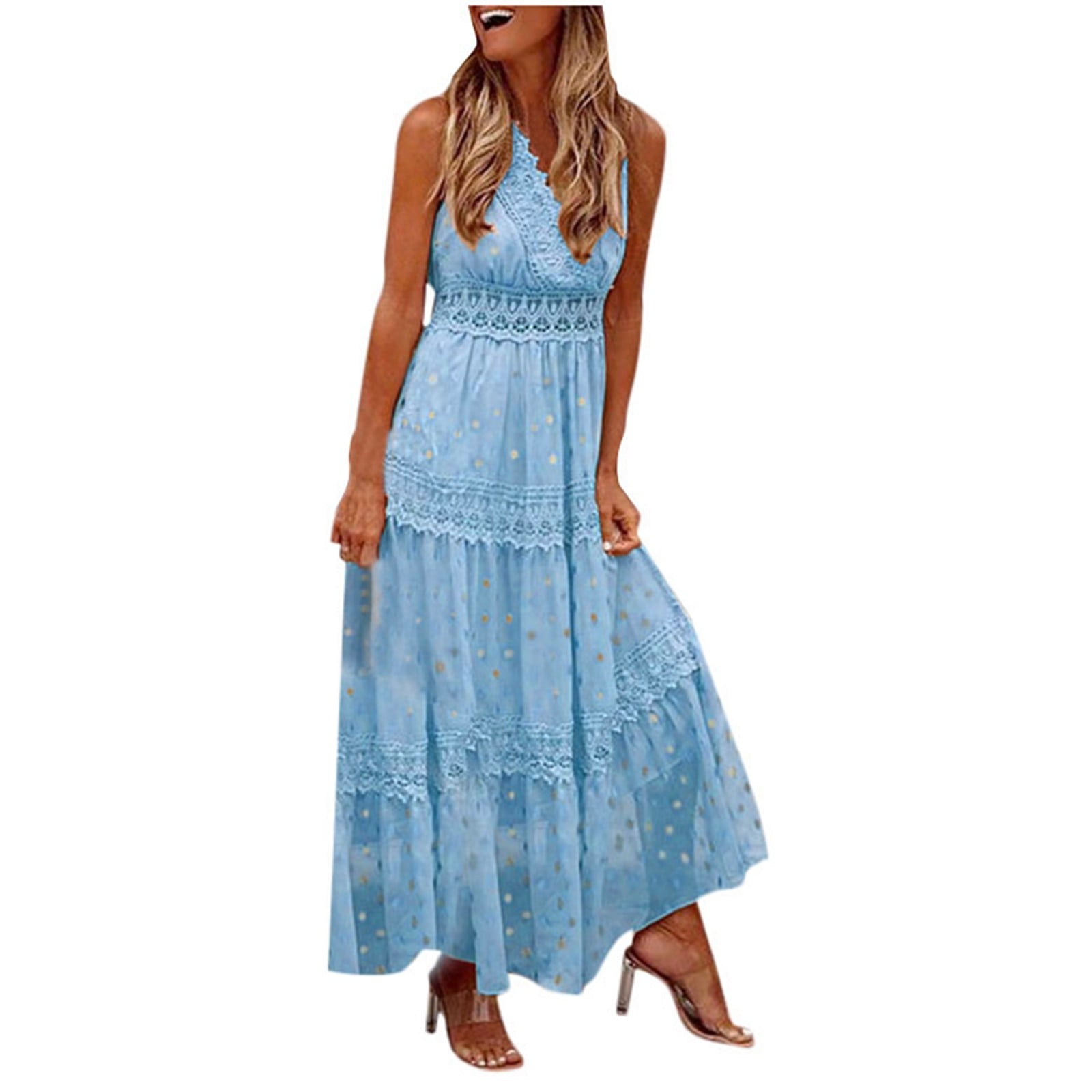 Ierhent Casual Dress Women Sleeveless Casual Pure Color Summer Swing Long Dresses Daily Party Beach Round Neck Summer Sundress(Blue,S)