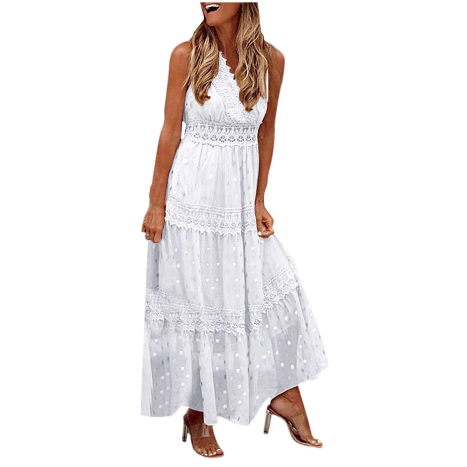 Ierhent Casual Dresses for Women Women Floral Embroidered Dress Long Puff Sleeve Square Neck Bohemian Flowy Dress with Pockets(White,XL)