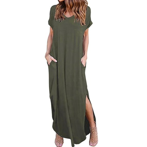 Ierhent Dresses for Women 2027 Casual Women's Summer Wrap Maxi Dress Casual Boho Floral V Neck Short Sleeve Ruffle Hem Split Beach Long Dresses(AG,L)