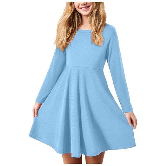 Ierhent Flower Girl Dress Girl's Contrast Mesh Puff Long Sleeve High Waist A Line Short Dress Light Blue,9-10 Years