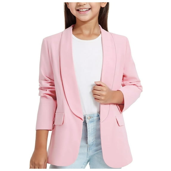 Ierhent Girls Blazer Long Sleeve Shawl Collar Formal Blazers Suit Jacket Open Front Inner Pocket for Kids Size 6-12 Year(Pink,11-12 Years)