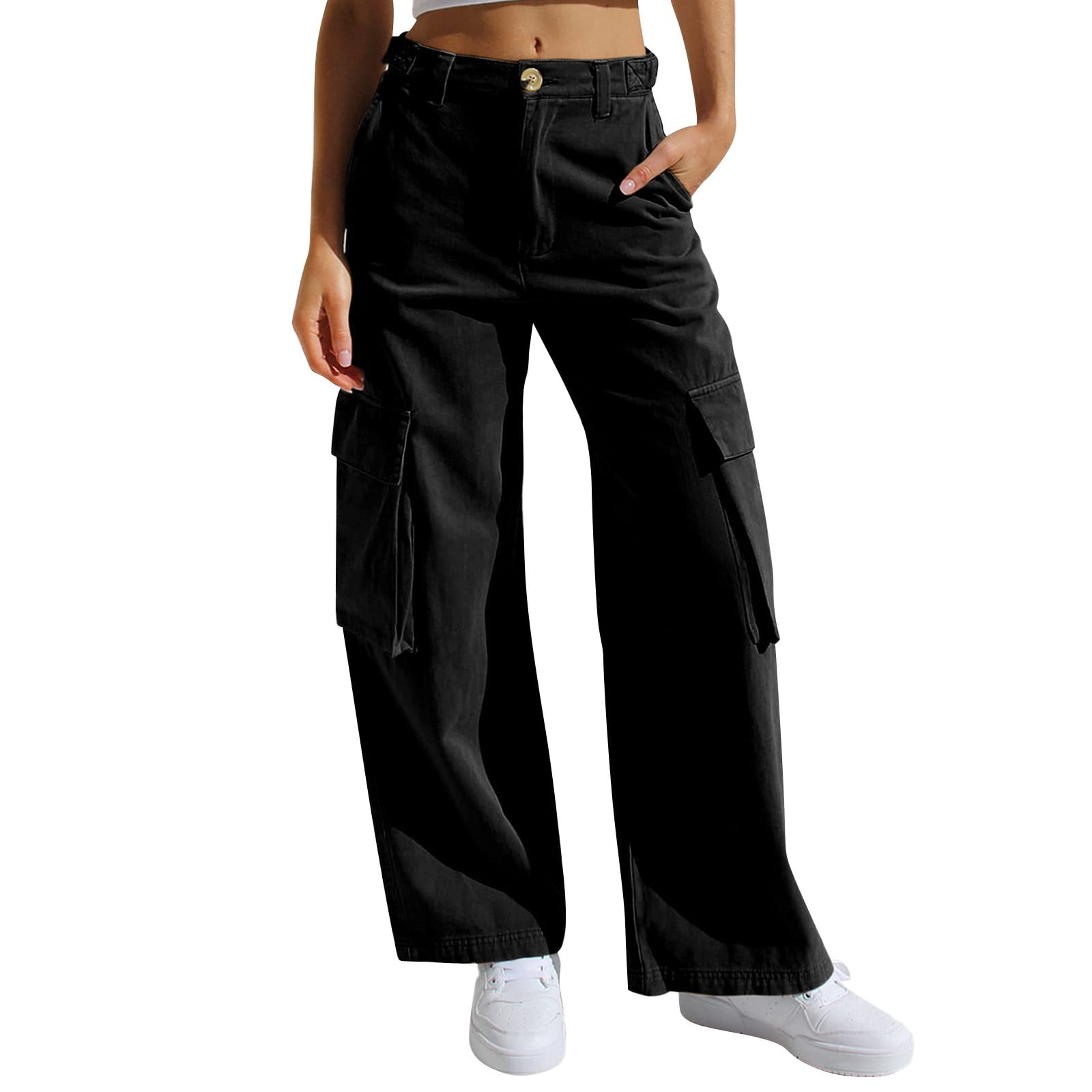 Women's Cargo Jeans - High Waisted, Baggy Straight Leg, Flap Pockets, Y2K Streetwear Denim Pants - View #9