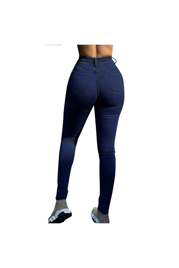 Jeans for Women Plus Size Women's Stretch Pull-On Jeans Skinny Ripped Distressed Denim Jeggings Regular-Plus Size Dark Blue,2XL