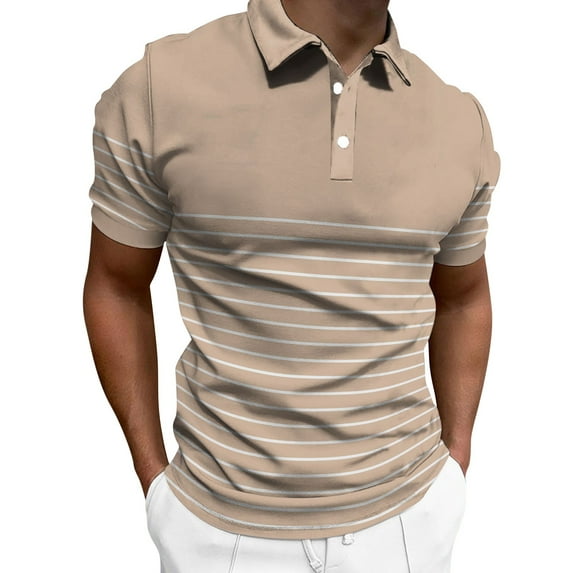 Ierhent Men's Knit Polo Shirts Short Sleeve Striped Polo Shirt Fashion Casual Golf Shirts(Khaki,XXL)